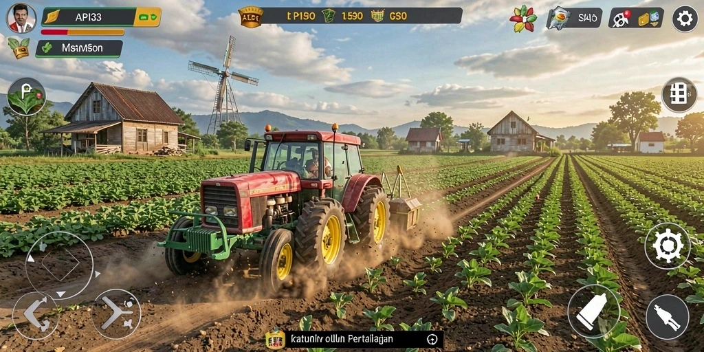 Tampilan screenshot menampilkan suasana pertanian yang indah dan aktivitas berkebun.
