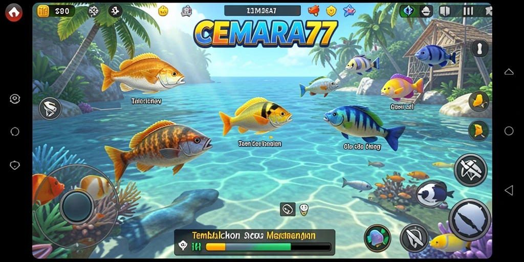 Gameplay seru dari CEMARA77 saat menembak ikan di bawah laut.