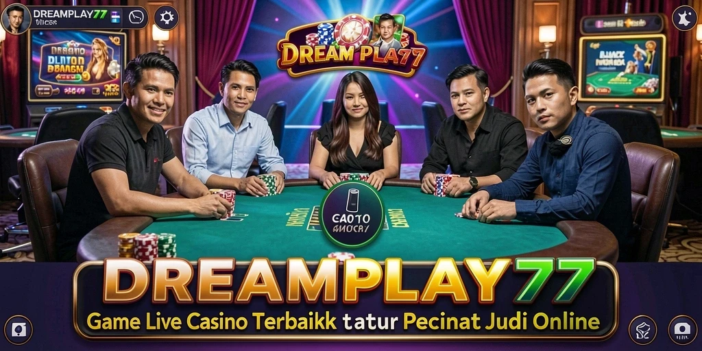Screenshot utama menunjukkan dealer Live Casino yang sedang beraksi.