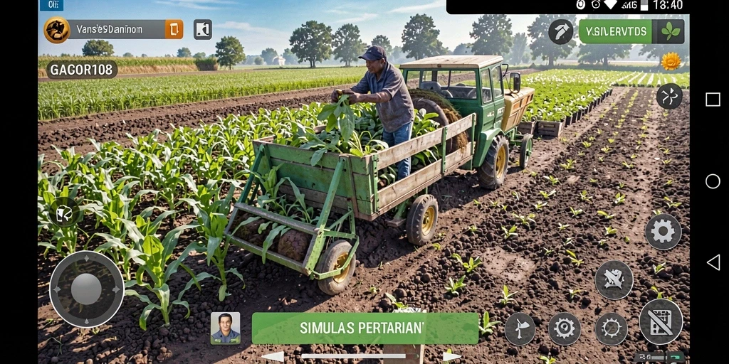 Tampilan gameplay GACOR108 yang menunjukkan pertanian aktif dan interaksi pemain.