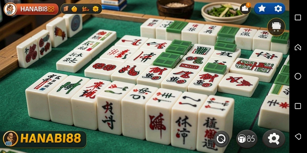 Screenshot dari gameplay seru HANABI88 yang menampilkan tantangan Mahjong.