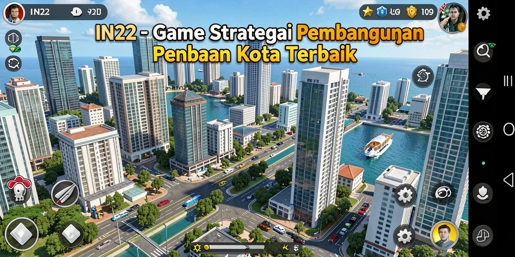 Screenshot gameplay IN22 menampilkan pembangunan kota yang dinamis.