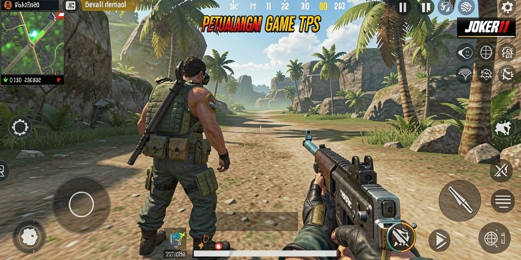 Screenshot utama JOKER11 menampilkan aksi seru dalam permainan TPS.