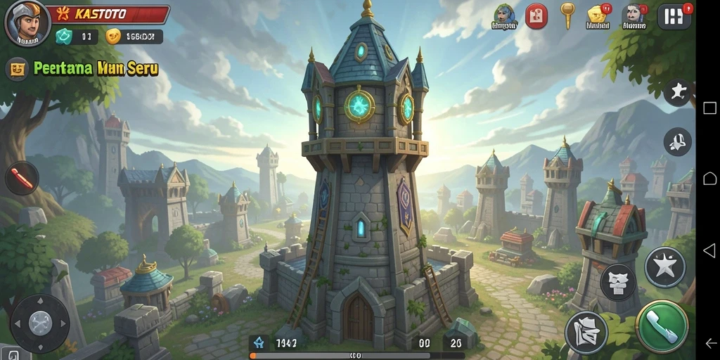 Tampilan menawan dari gameplay KASTOTO yang menampilkan pertahanan menara.