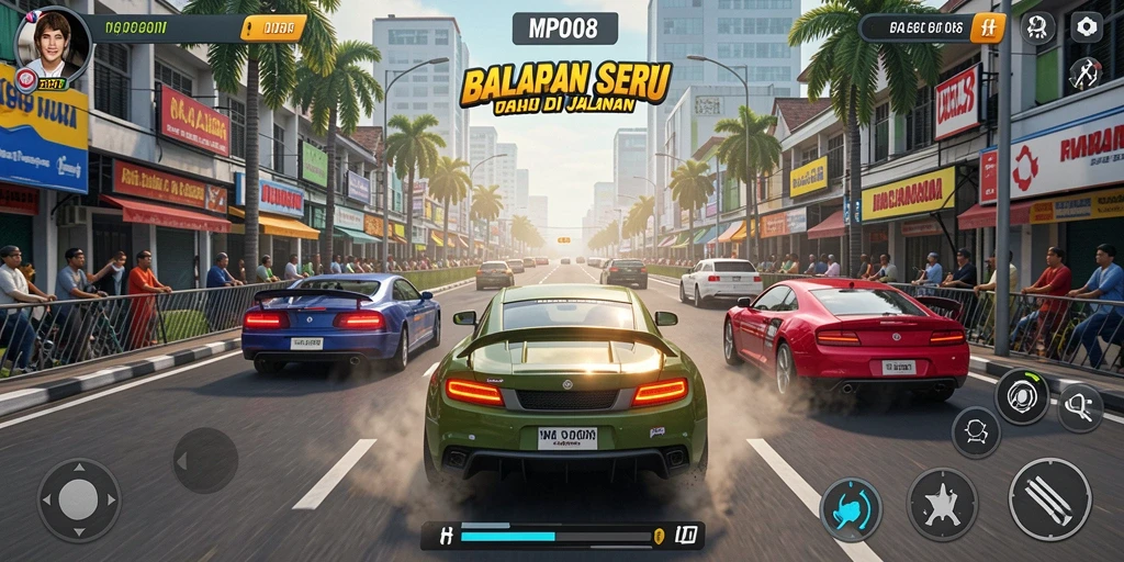 Gameplay seru dalam MPO08 penuh aksi balapan di jalanan.