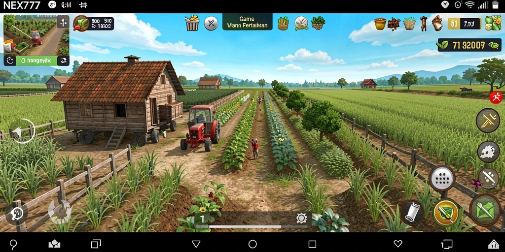 Gameplay NEX777 menampilkan kebun subur dan hewan ternak yang bahagia.