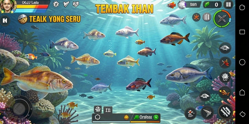 Screenshot dari gameplay seru OKJK saat menembak ikan.