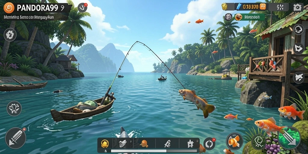 Screenshot gameplay PANDORA99 yang menampilkan aksi memancing yang menegangkan.