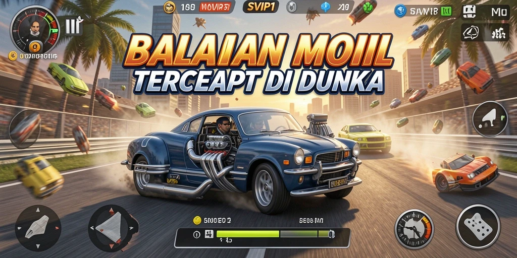 Screenshot gameplay SVIP1 menunjukkan aksi balapan yang mendebarkan dan kendaraan berkemampuan tinggi.