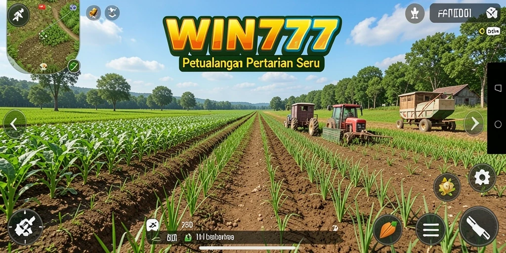 Tampilan gameplay <strong>WIN777</strong> dengan petani yang sedang merawat ladang.